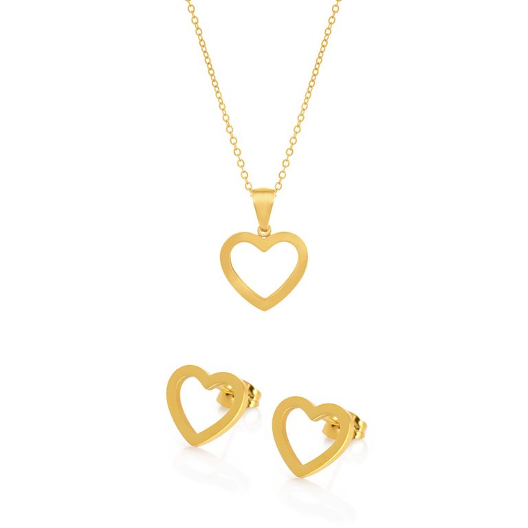 Conjunto de Colar e Brincos Heart Gold para mulher produzidos em aço inoxidável dourado pela marca Portuguesa Twobrothers.