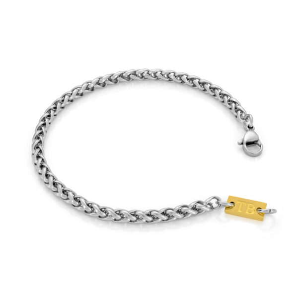 Pulseira Collin Gold para homem em aço inoxidável prateado com detalhe da chapa da marca TB em dourado para um estilo simples e discreto da marca twobrothers em portugal.