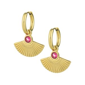 Brincos para mulher de argola com leque dourado em aço inoxidável antialérgico e uma pedra rosa, da marca Twobrothers.