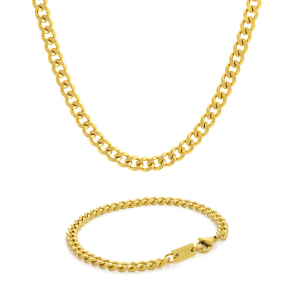 Conjunto Pulseira e Colar Dourados Danville Gold, estilo corrente em aço inoxidável antialérgico da marca Twobrothers.