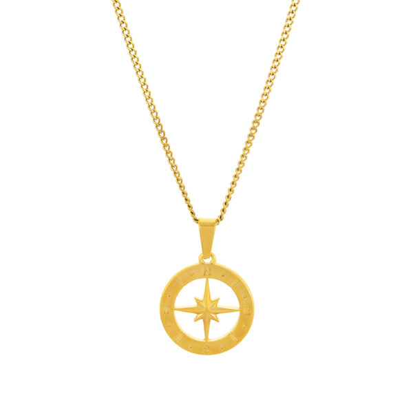 Colar masculino dourado com pendente medalha bússola em aço inoxidável.