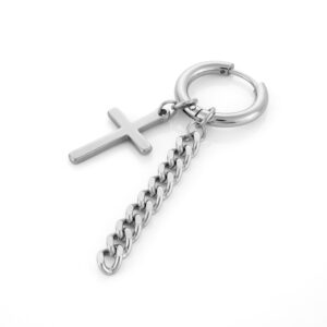 Boucle d'oreille en acier inoxydable argenté pour homme avec croix et chaine