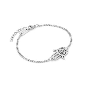bracelet en acier inoxydable argenté pour femme Main de Fatima