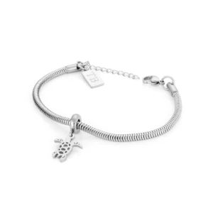 bracelet pour femme en acier inoxydable argente avc un pendentif en forme de tortue