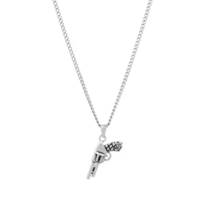 Collier pour homme en acier inoxydable argenté avec pendentif en forme de gun